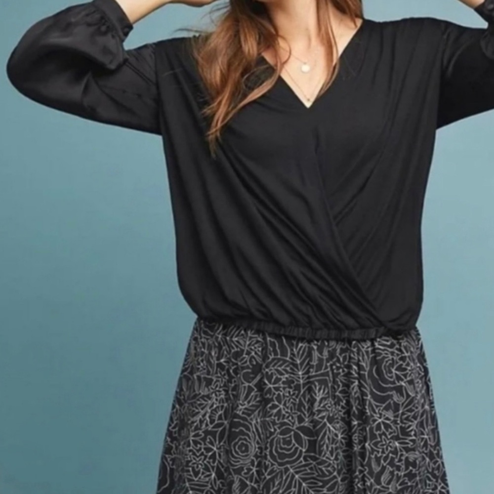 Anthropologie Black Drape Surplice Satin Sleeve Blouse